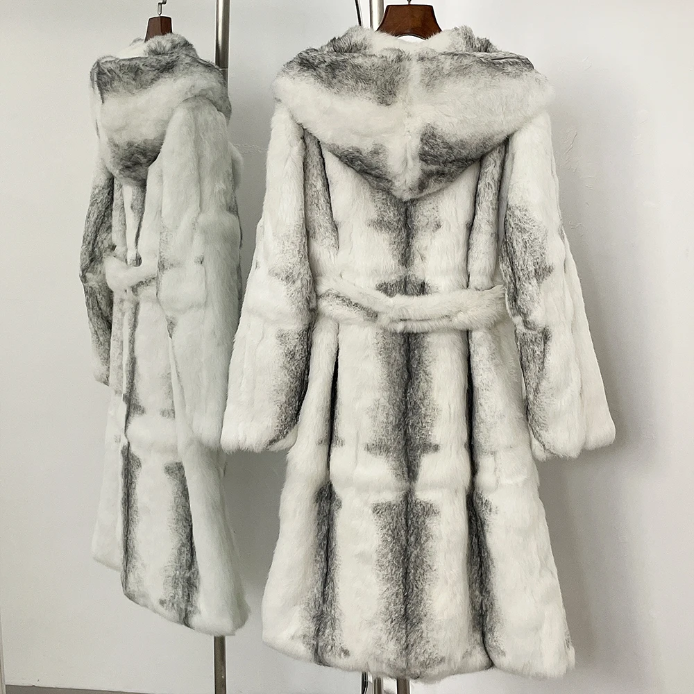 Real Fox Fur Coat 2024 Autumn Winter Luxurious Fur Thickened Warm Hooded Real Rabbit Fur Coat Women Long Natural Fur Coat