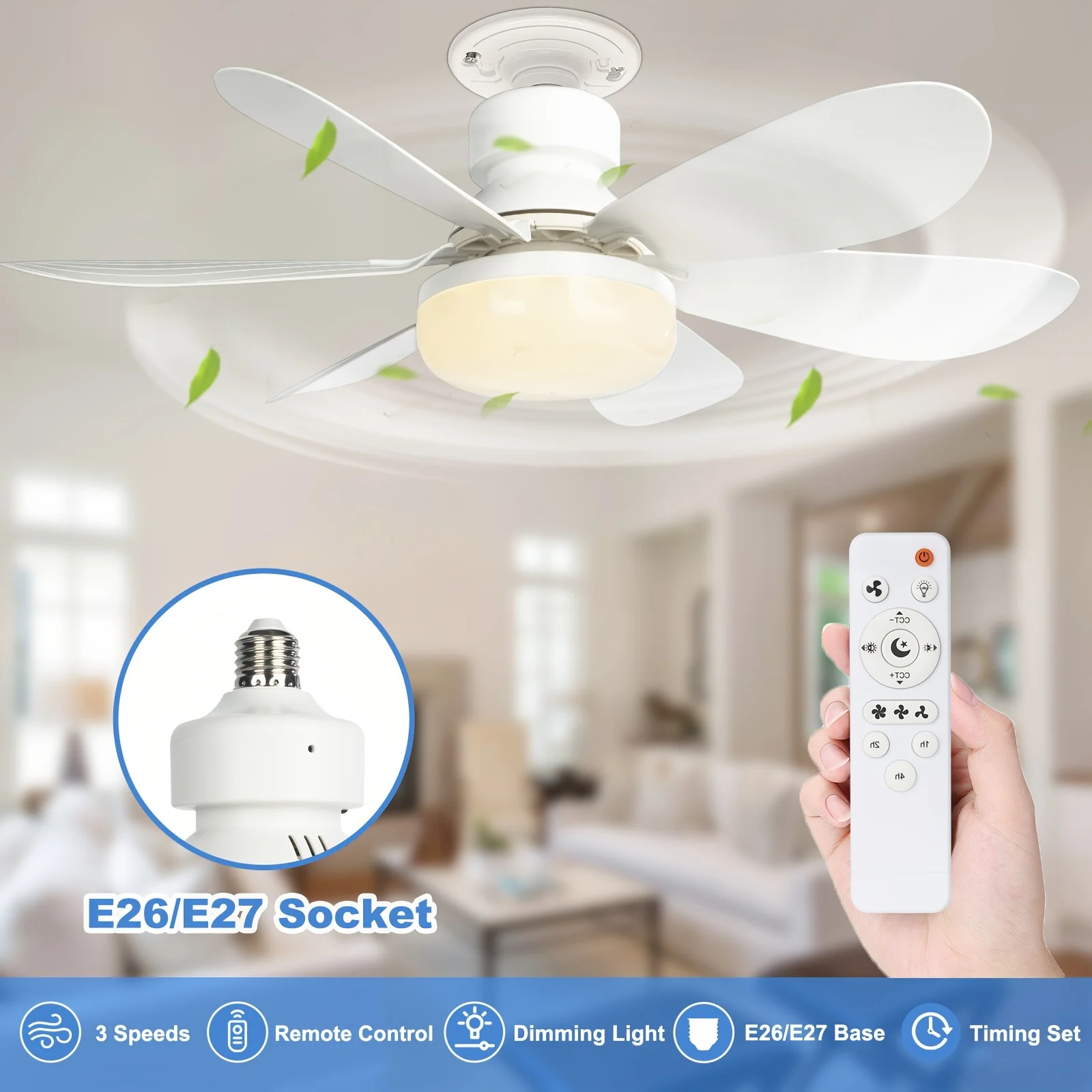 Socket Fan Light with Remote, 20.5in Small Ceiling Fan with LED, E26/27 Cordless Light Screw Fan for Kitchen Bedroom, Small Room