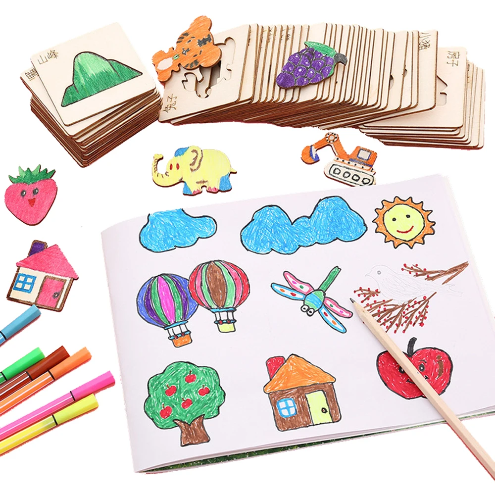 20Pack Kinderen Tekenspeelgoed DIY Schildersjablonen Sjabloon Houten Ambachtelijke Puzzel Educatief Speelgoed voor Jongens Meisjes Verjaardagscadeau