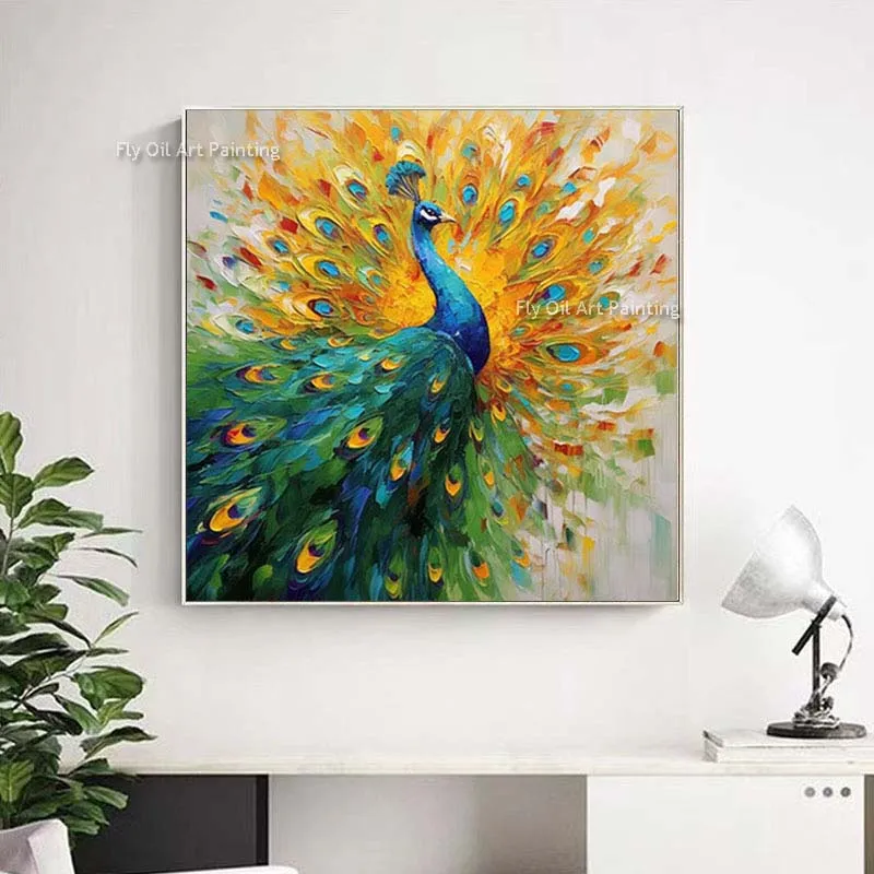 Palette Kinfe Peacock Wall Art Original Animal Oil Painting On Canvas Handmade Impressionism Green Blue Peacock Modern Decor