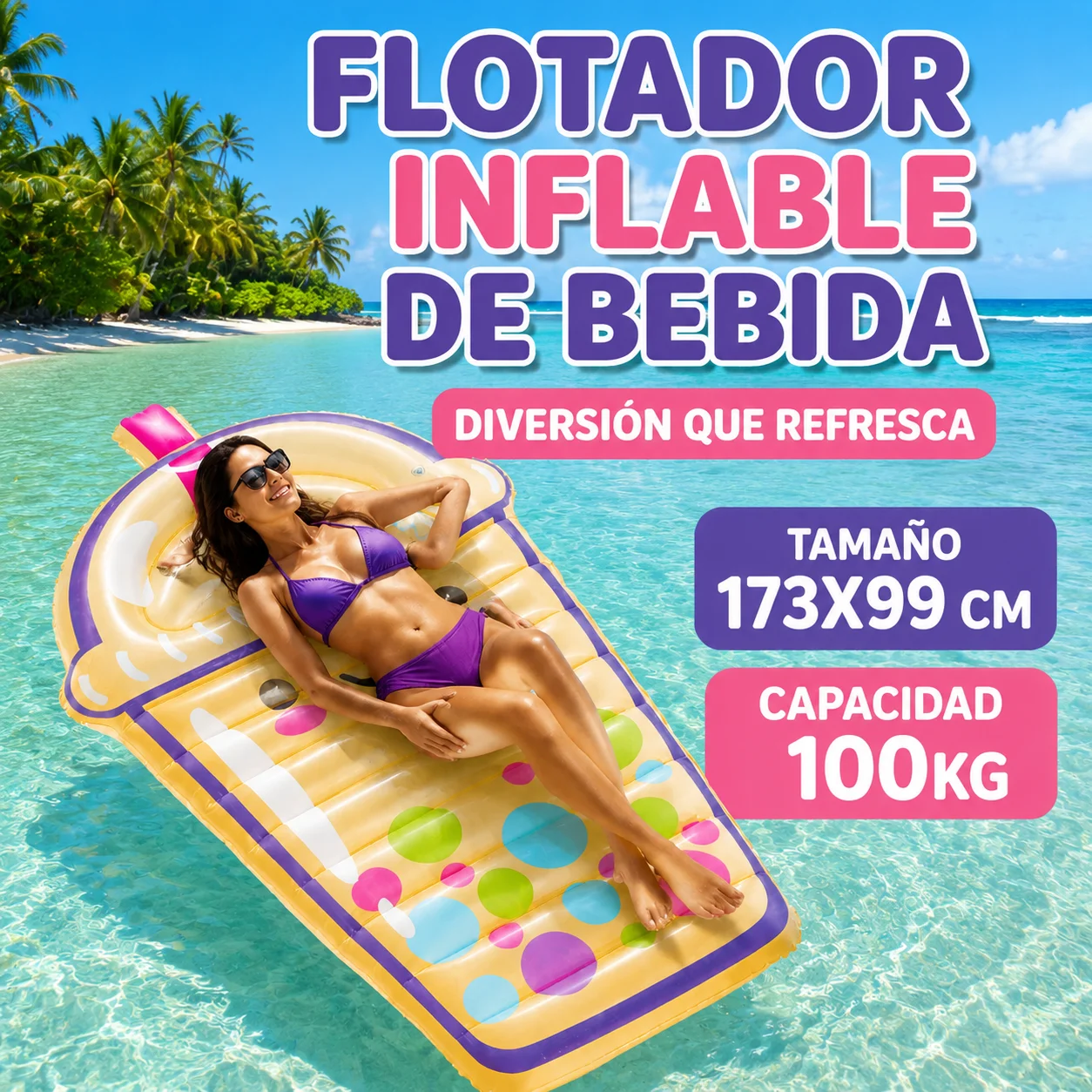 Tapis flottant gonflable en forme de bubble tea/avocat 173 cm/standard, PVC résistant, capacité 100 kg, design kawaii, confortable et sûr, idéal pour la piscine, la plage, les fêtes estivales et la relaxation aquatique pour adultes