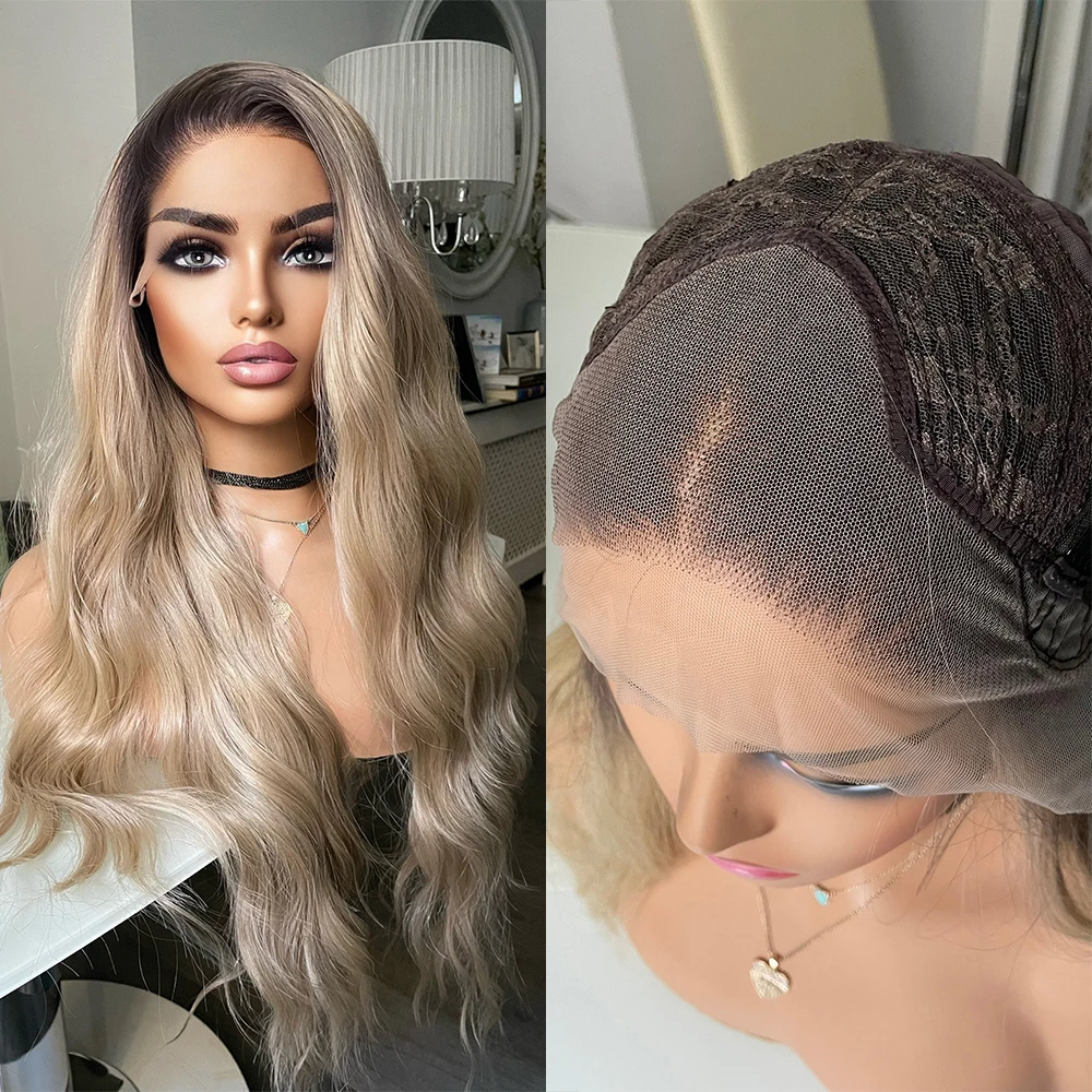 Perruque Lace Front Wig synthétique blond cendré ombré, racines brunes foncées, pour alopécie, perte de cheveux, cadeau pour femmes, résistant à la chaleur