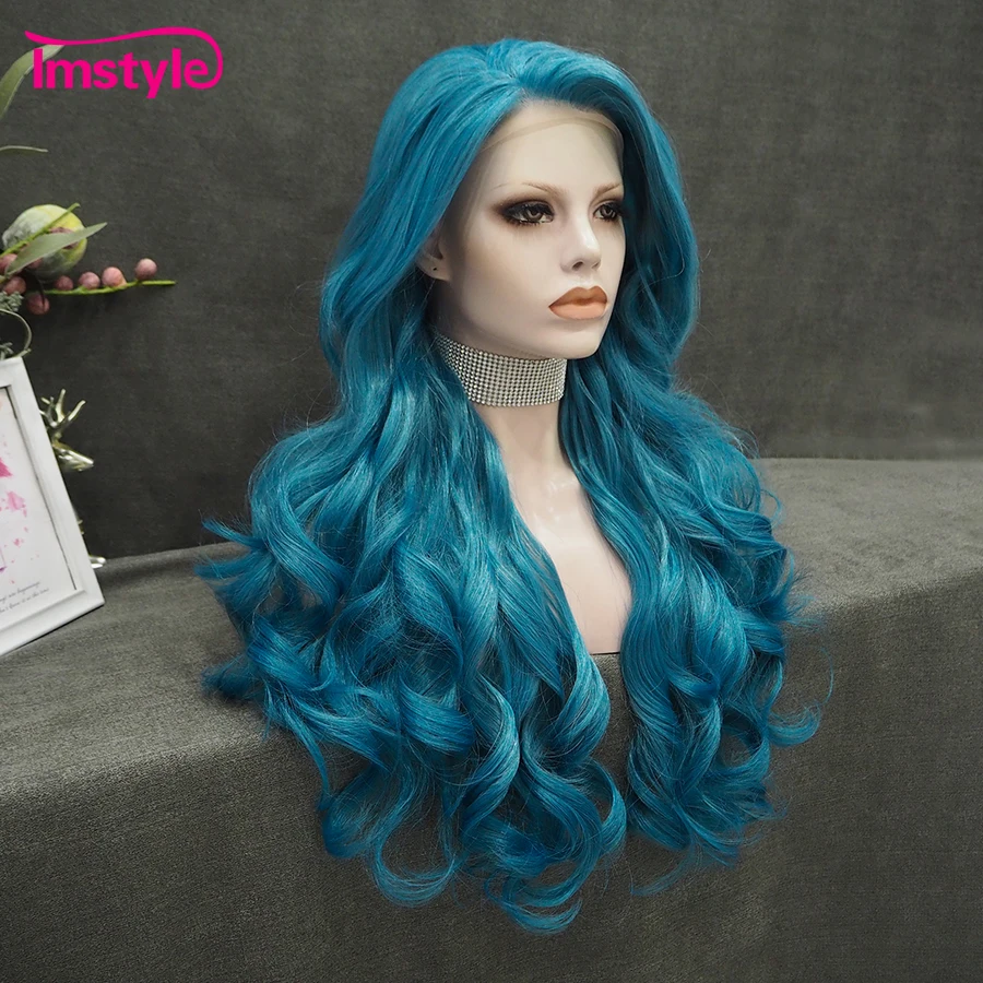 Imstyle Blue Wig Syntehtic Lace Front Wig Long Wigs For Women Heat Resistant Fiber Natural Wavy Wig Cosplay Wig