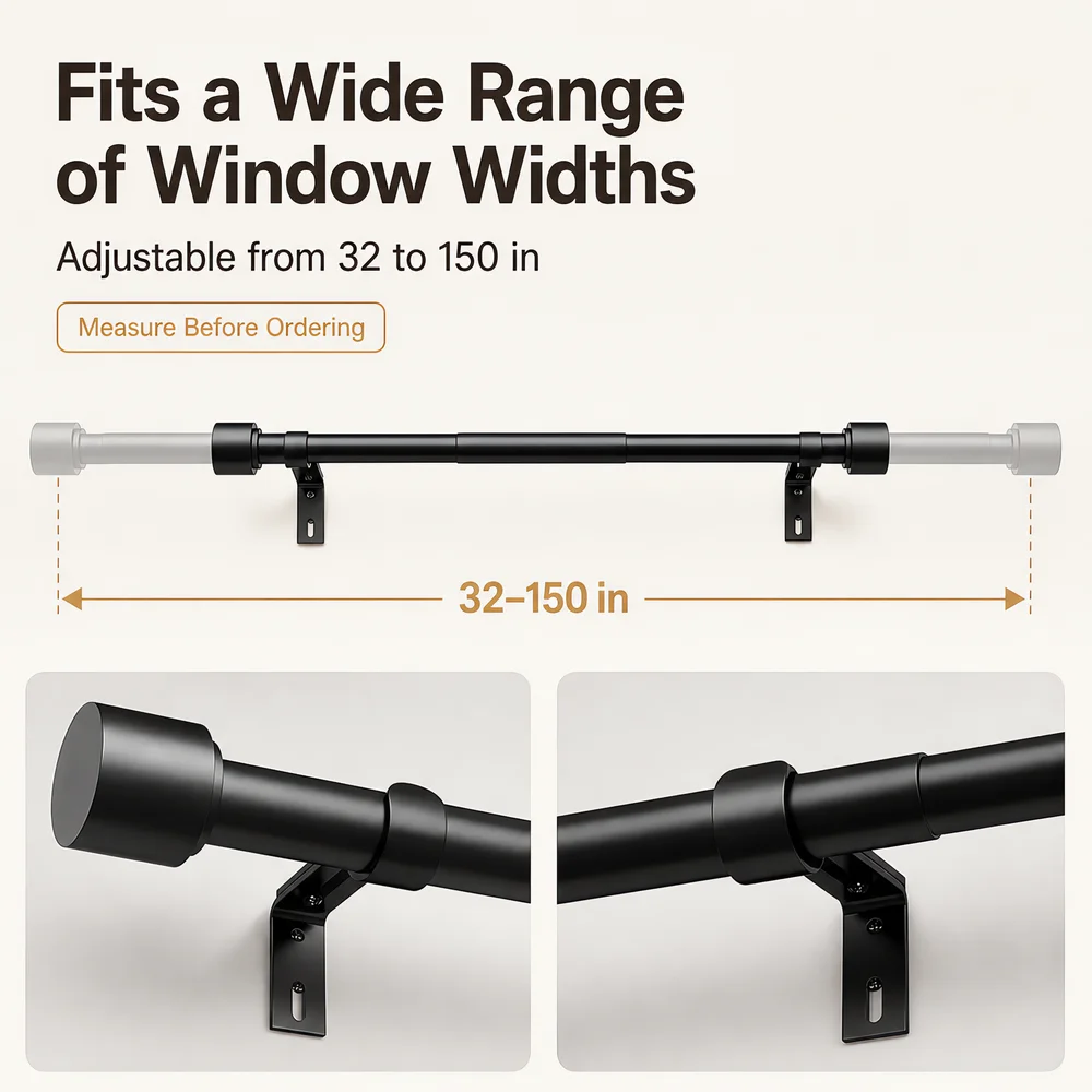 Extra Long Spliced Metal Curtain Rod 30-144 Inch Heavy Duty Adjustable Matte Black 1 Pack for 66-120 Inch Window Bedroom Outdoor