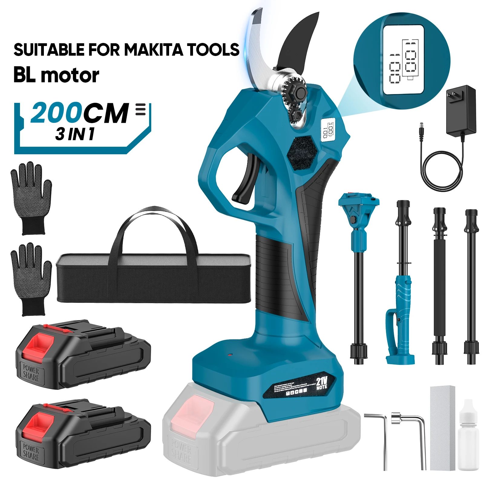 Tijeras de podar eléctricas inalámbricas sin escobillas de 40 mm con pértiga de extensión de 2 m para jardín, compatibles con batería Makita de 18 V