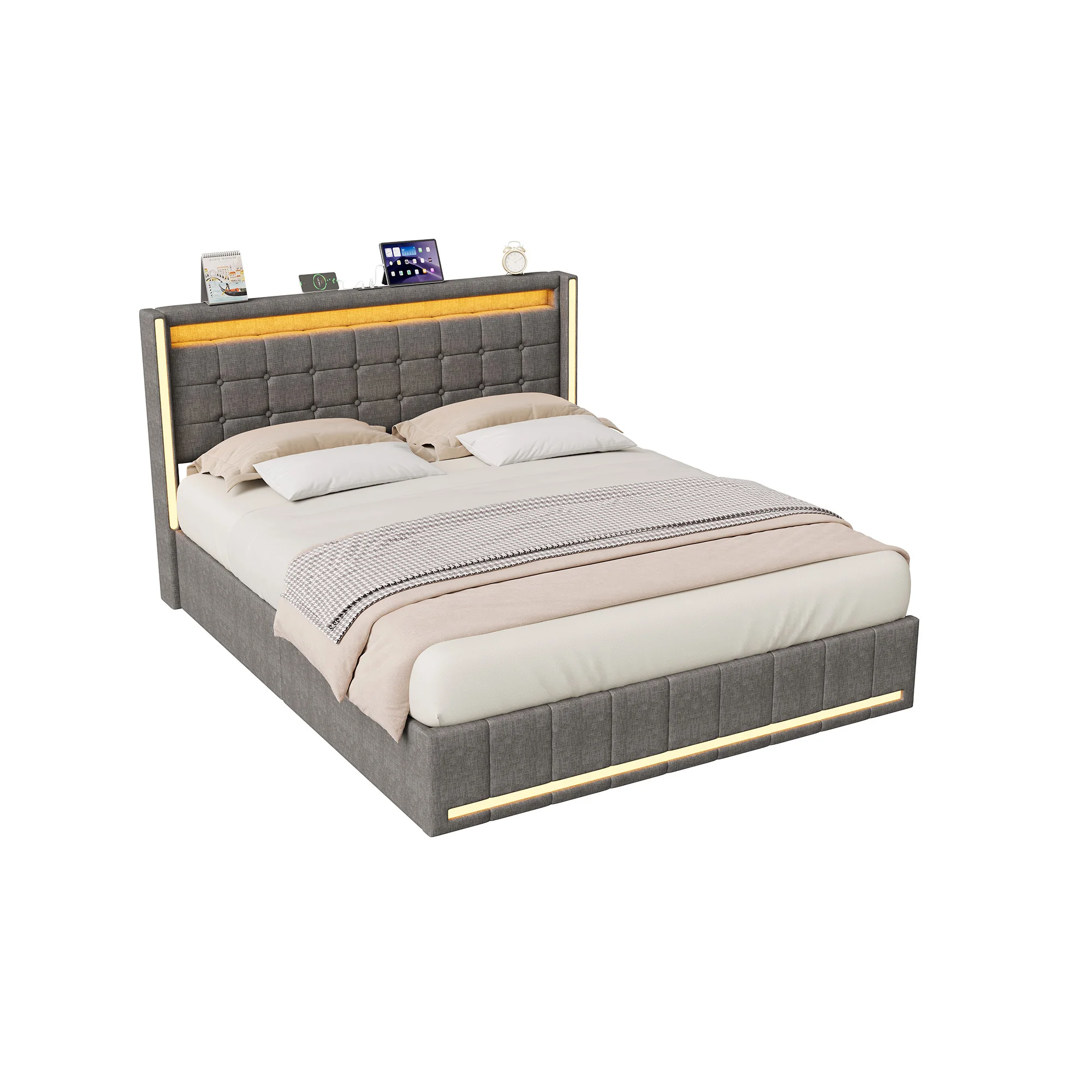 4ft6 Double Bed Frame Upholstered Platform Bed with 4 Storage Drawers & LED Storage Headboard, Linen Beige Functional Beds with LED Lighting & Charging Station,Metal-Wood Support, 3ft/4ft6/5ft bed image 3