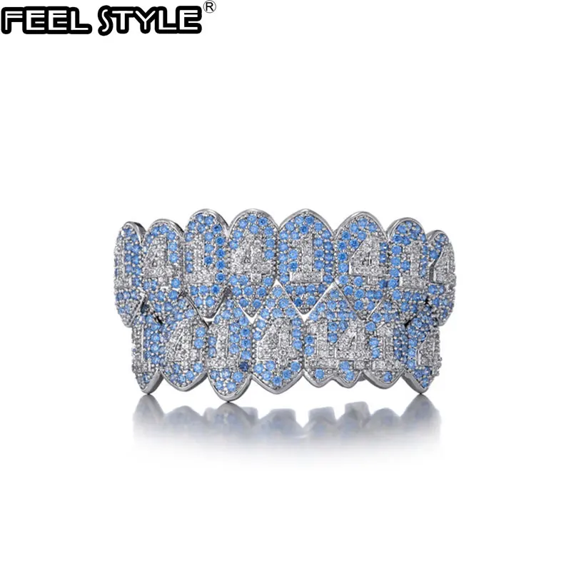 Feel Style CZ Teeth Grillz Caps Bling Blue Cubic Zircon Iced Out Micro Pave Top&Bottom Charm Grills Set For Men Women Jewelry Gi