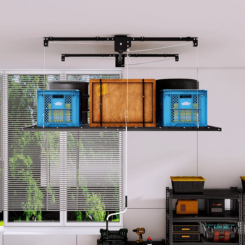Garageplank voor aan het plafond, 120x120 cm, stevig model voor boven het plafond, met een handbediend hefsysteem, draagvermogen van 113 kg, verstelbaar voor plafonds van 3 tot 3,6 m, handmatige