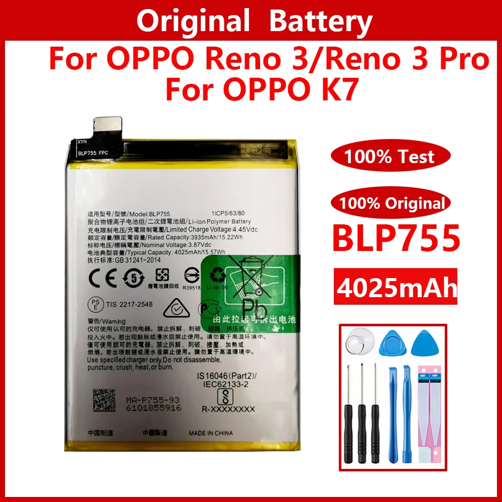 100% Genuine Original 4025mAh BLP755 Battery For OPPO K7 Reno 3 Reno3 Pro 5G Mobile Phone Batteries Batteria + Free Tools