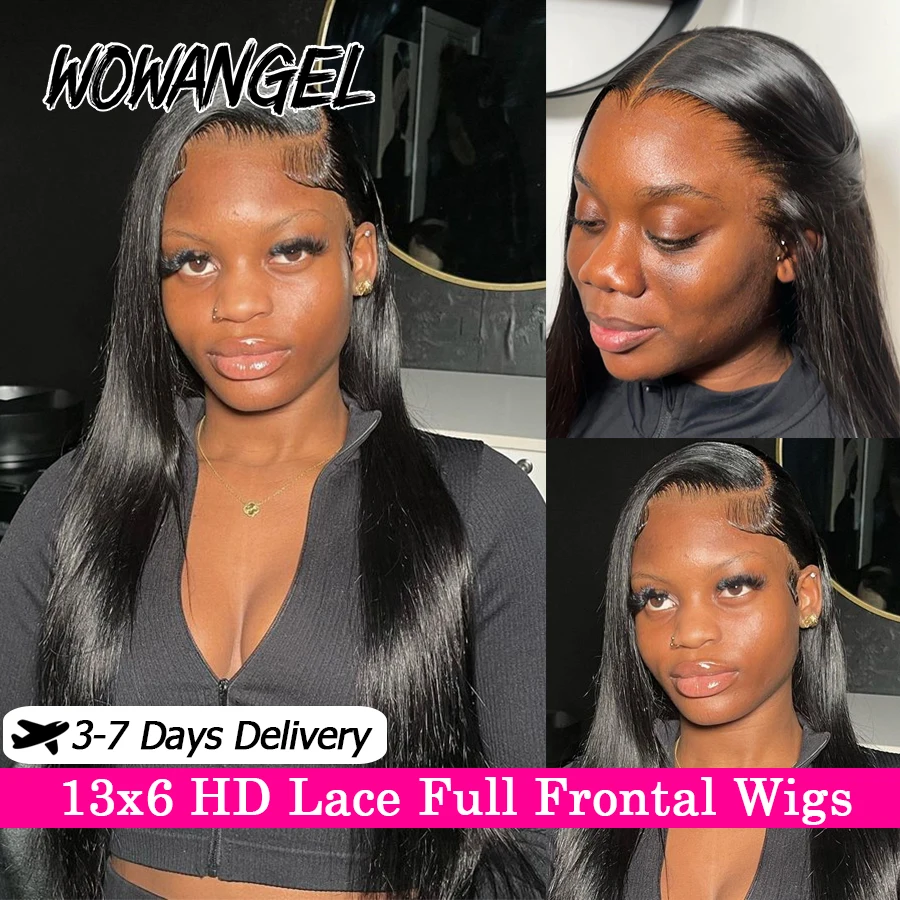 WowAngel 34in Silk Straight Human Hair Wigs 250% Real HD Lace Full Frontal Wig Skins Melted Pre Plucked Remy Hair For Women