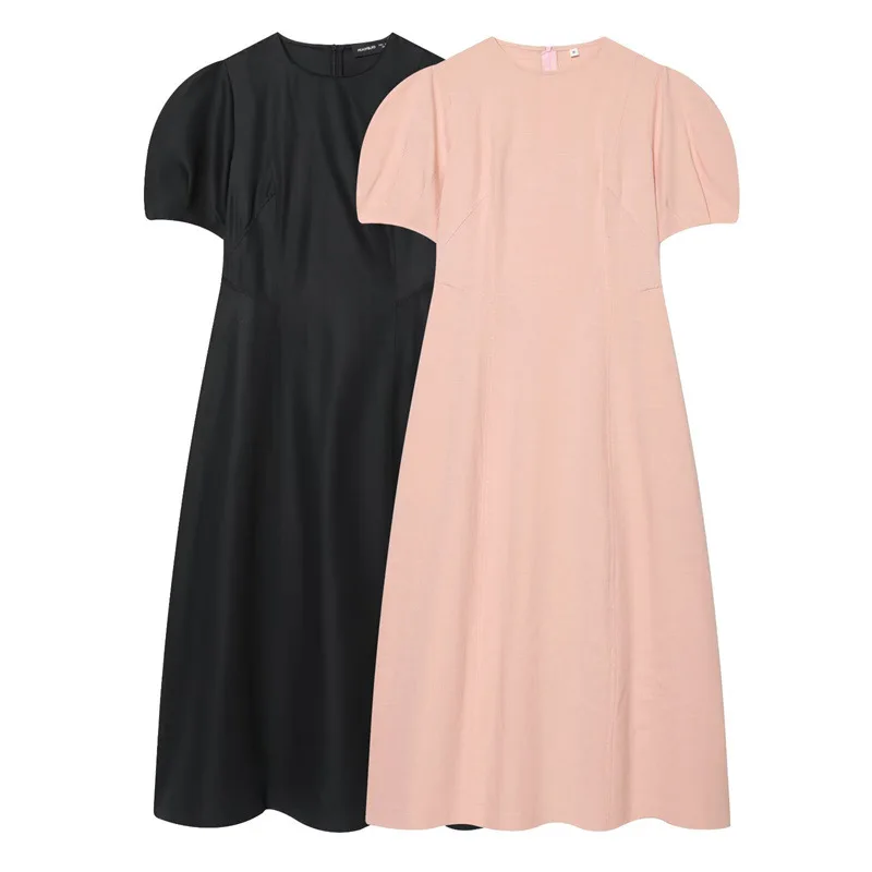 Französischer Stil Puffärmel Midi-Kleid Damen Sommer Elegant O-Ausschnitt Hohe Taille Schlankes A-Linien-Kleid Büro-Dame Robe Vestidos