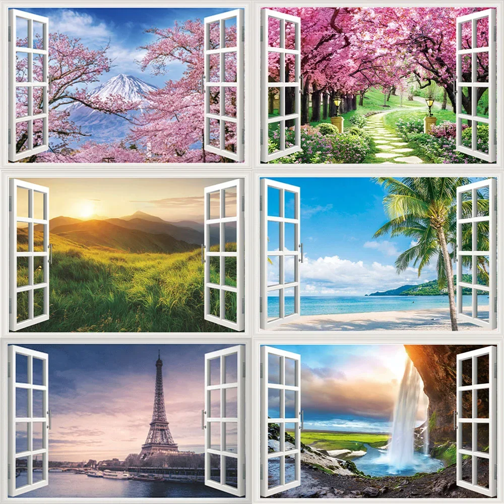 Autocollants de fausse fenêtre de paysage naturel 3D, arbre Sakura, bâtiment de plage, sparadrap muraux d'art Mural, décoration de maison et de bureau, papier peint en vinyle