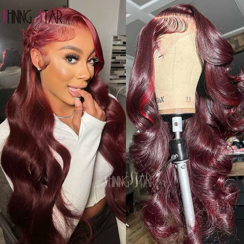 

32" Burgundy 13X4 Lace Front Wig Body Wave Hd Lace Frontal Wig Colored 99J Red Brazilian Lace Front Human Hair Wigs Curly Hair