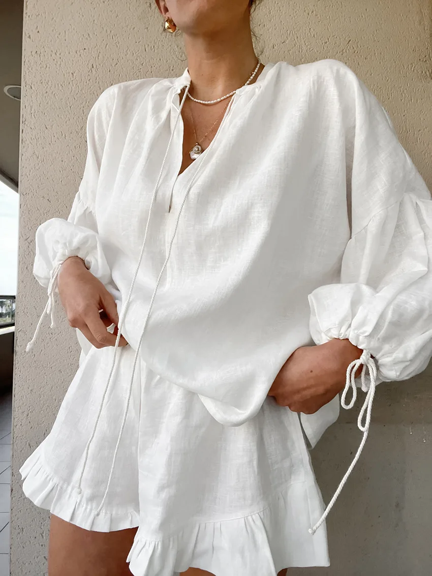 Women Casual 2 Piece Set Elegant V-neck Tie-up Shirt & Ruffle Shorts Suit Loose Drawstring Pullover Set Summer Commuter Outfits