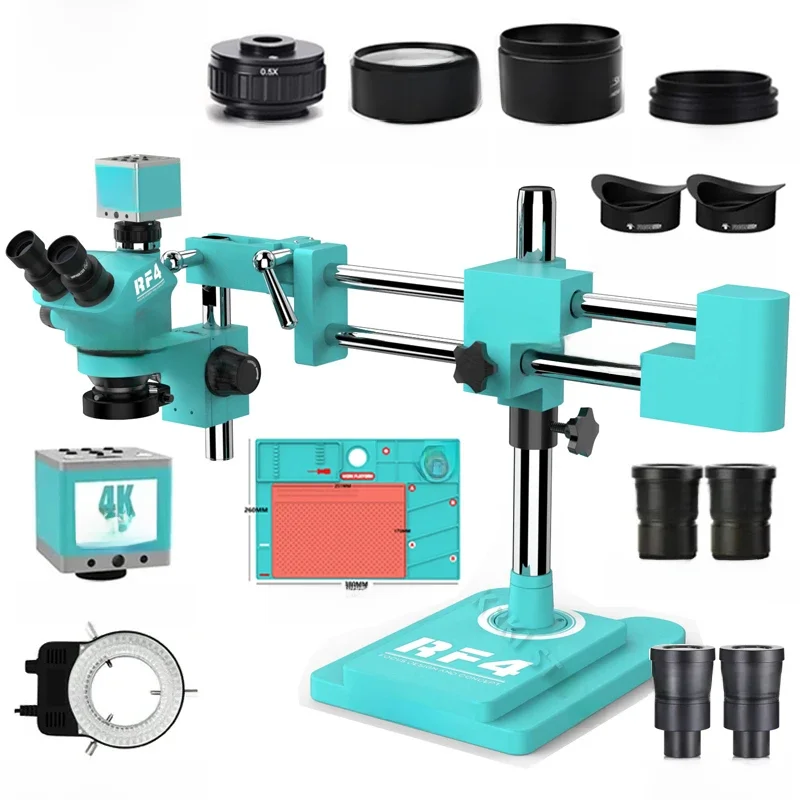 RF4 3.5X-100X Simul-Focus Double Boom Stand Trinocular Stereo Zoom Microscope 48MP 55MP 2K 4K HDMI VGA USB Camera For PCB Repair — zdjęcie 2