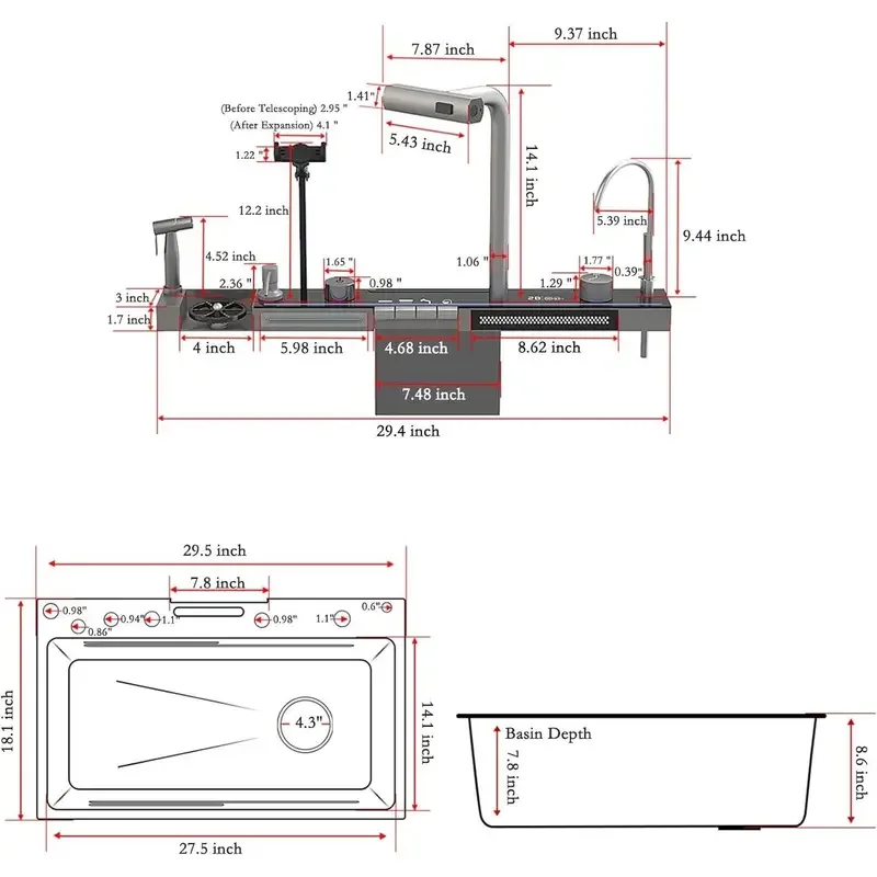BRONCHO 29.5x18 INCH Modern Smart Single Bowl Kitchen Sinks，Digital Display Double Waterfall Si