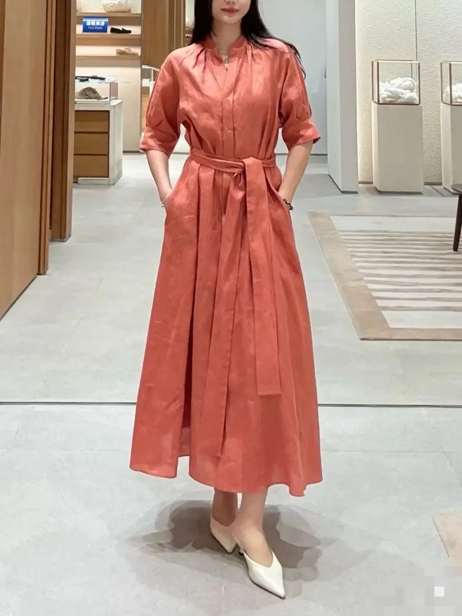 Elegant casual 2025 summer collection women's fitted midi length linen dress