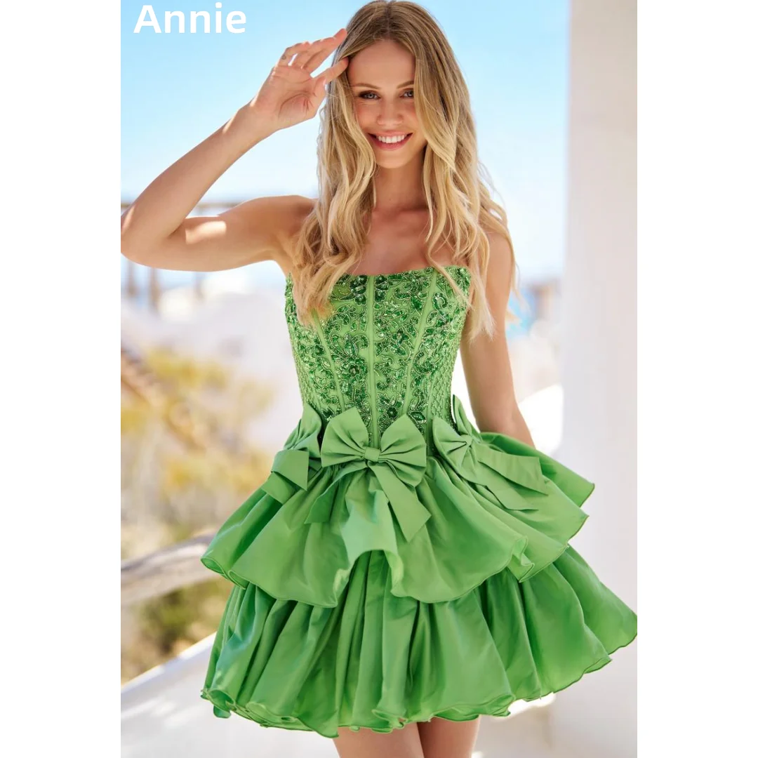 

Annie Glitter Sequin Embroidery Prom Dresses Green Bow Evening Dresses Taffeta Layered Princess Robes De Soirée Customized