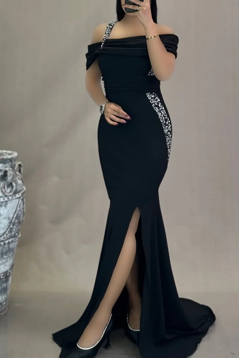 Jessica Handmade Beads Evening Dresses Elegant Lady Prom Dresses Black Four-way Stretch Slim Fit Party Dresses Customized
