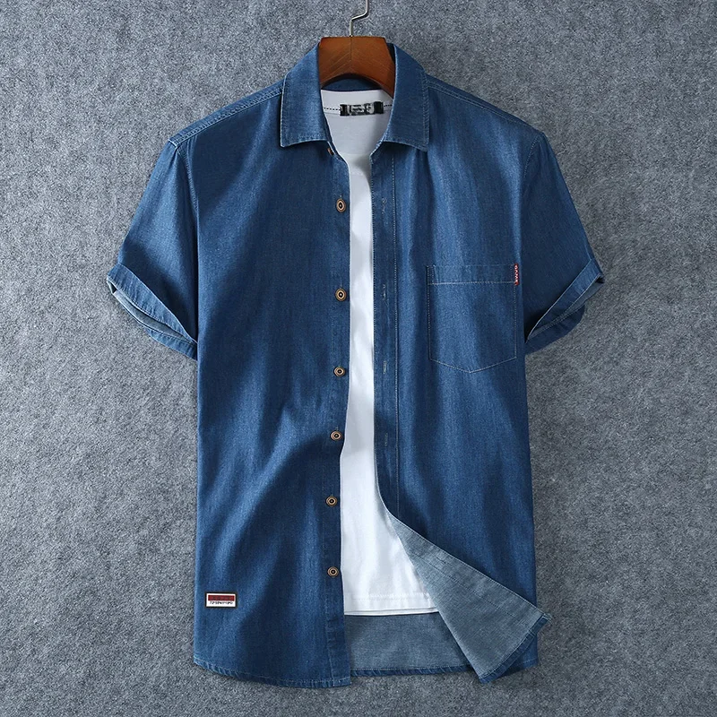 Męskie niebieskie koszule jeansowe z krótkim rękawem Nowe letnie wysokiej jakości męskie bawełniane jasnoniebieskie koszule jeansowe Plus rozmiar L-8XL — zdjęcie 2