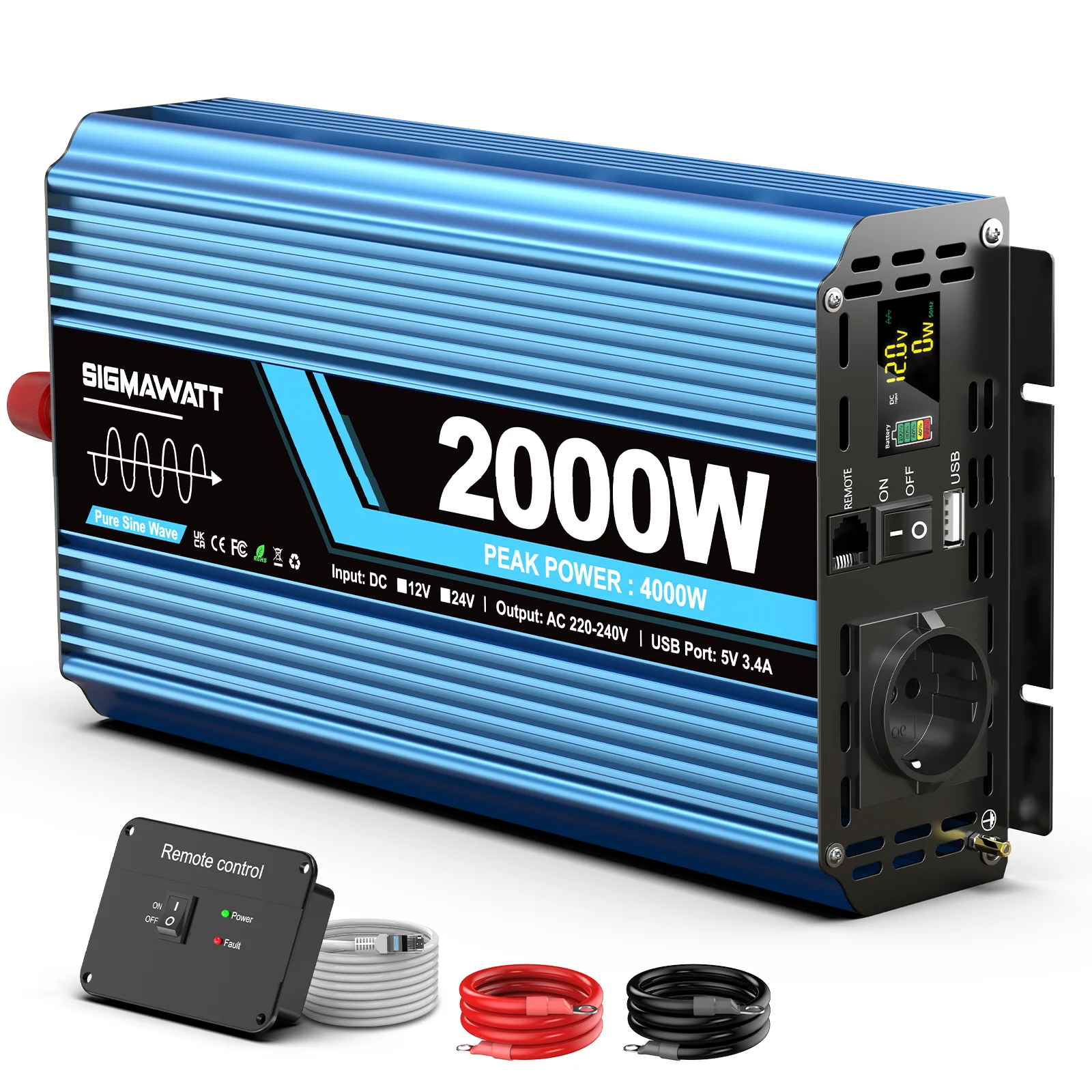 Zuivere Sinusgolf Omvormer DC 12V 24V AC 230V 2000W Nominaal 4000W Piekmacht LCD Afstandsbediening USB Type-C voor Off-Grid Kamperen Auto - afbeelding 2
