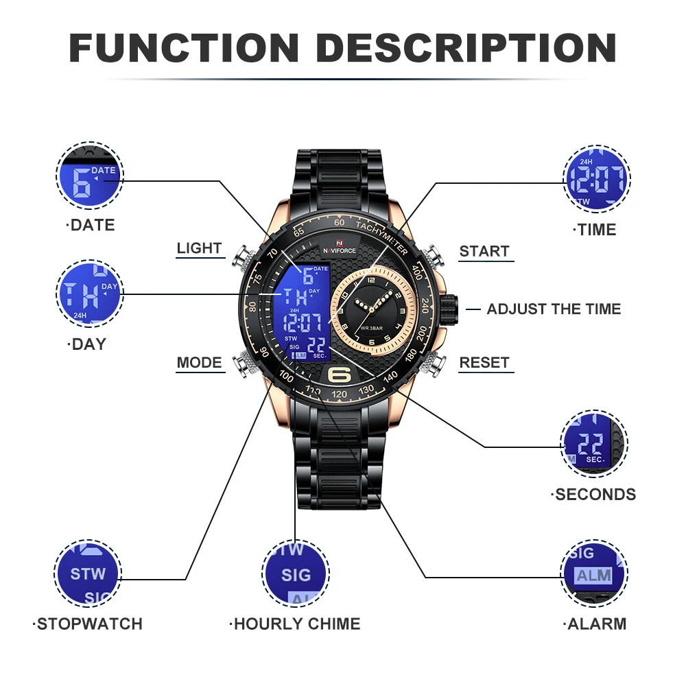 NAVIFORCE Men Watches Casual Clock Dual Display 30m Waterproof Stainless Steel Luxury Big Dial Wristwatch Male Relogio Masculino