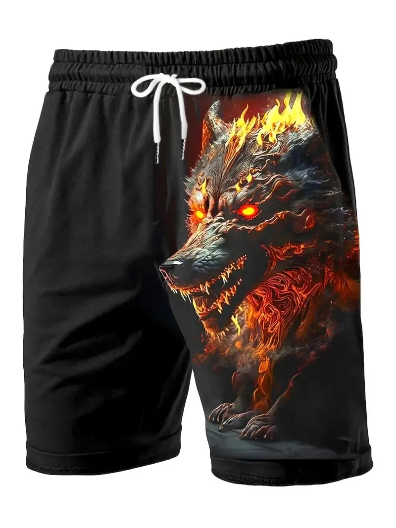 Men's Loose Beach Shorts Wolf Totem 3D Printed Men's Casual Lightweight Shorts Summer Outdoor Sports Polyester Beach Shorts