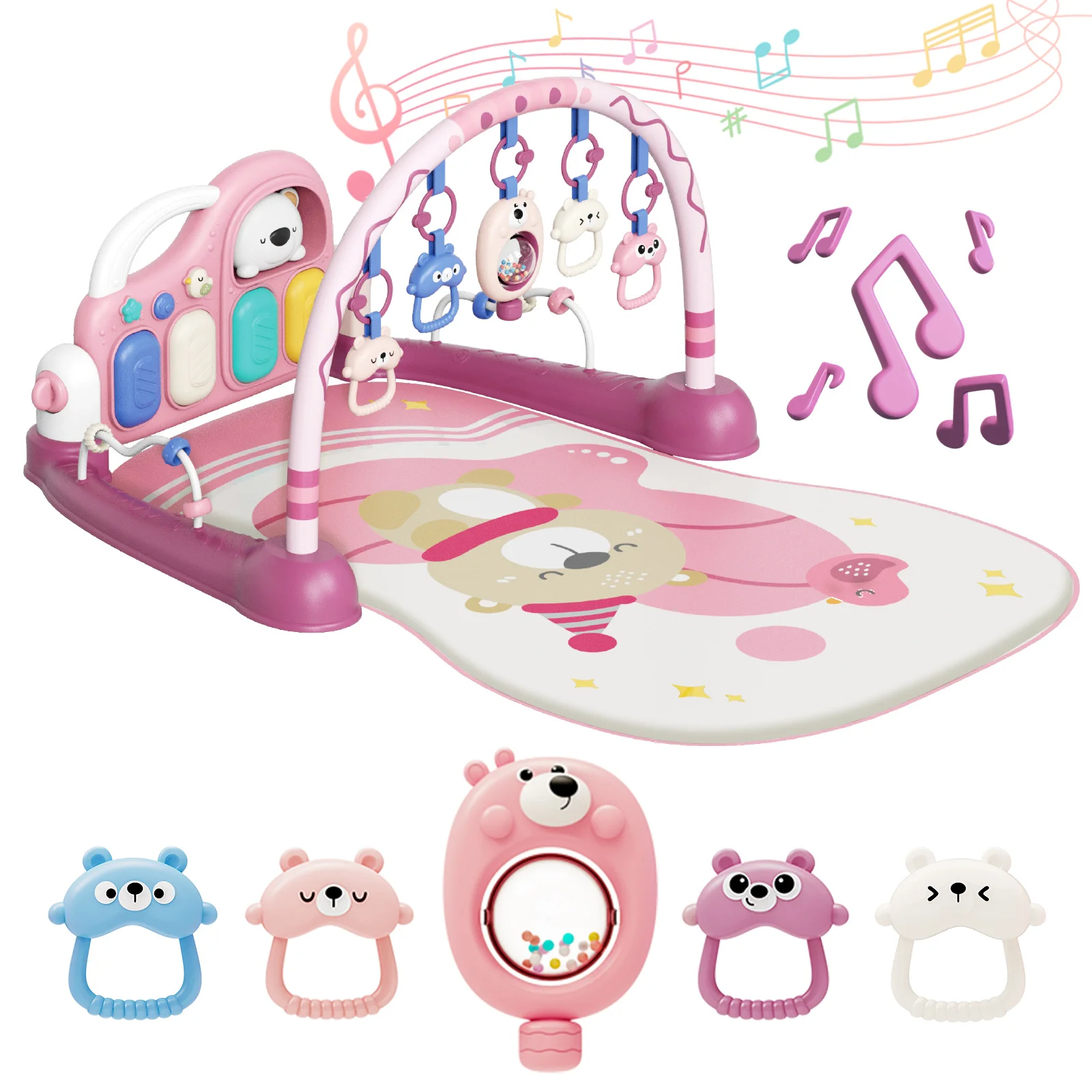 

6-in-1 Baby Play Mat Gym 0-12 Months Pink – Kick Piano, Music, Lights, 5 Removable Toys+Bear Rattle – Tummy Time, Motor & Brain