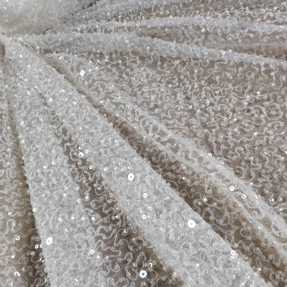 

HelluyerDc Off white beaded lace fabric,simple embroidery for wedding prom dress fabric by the yard