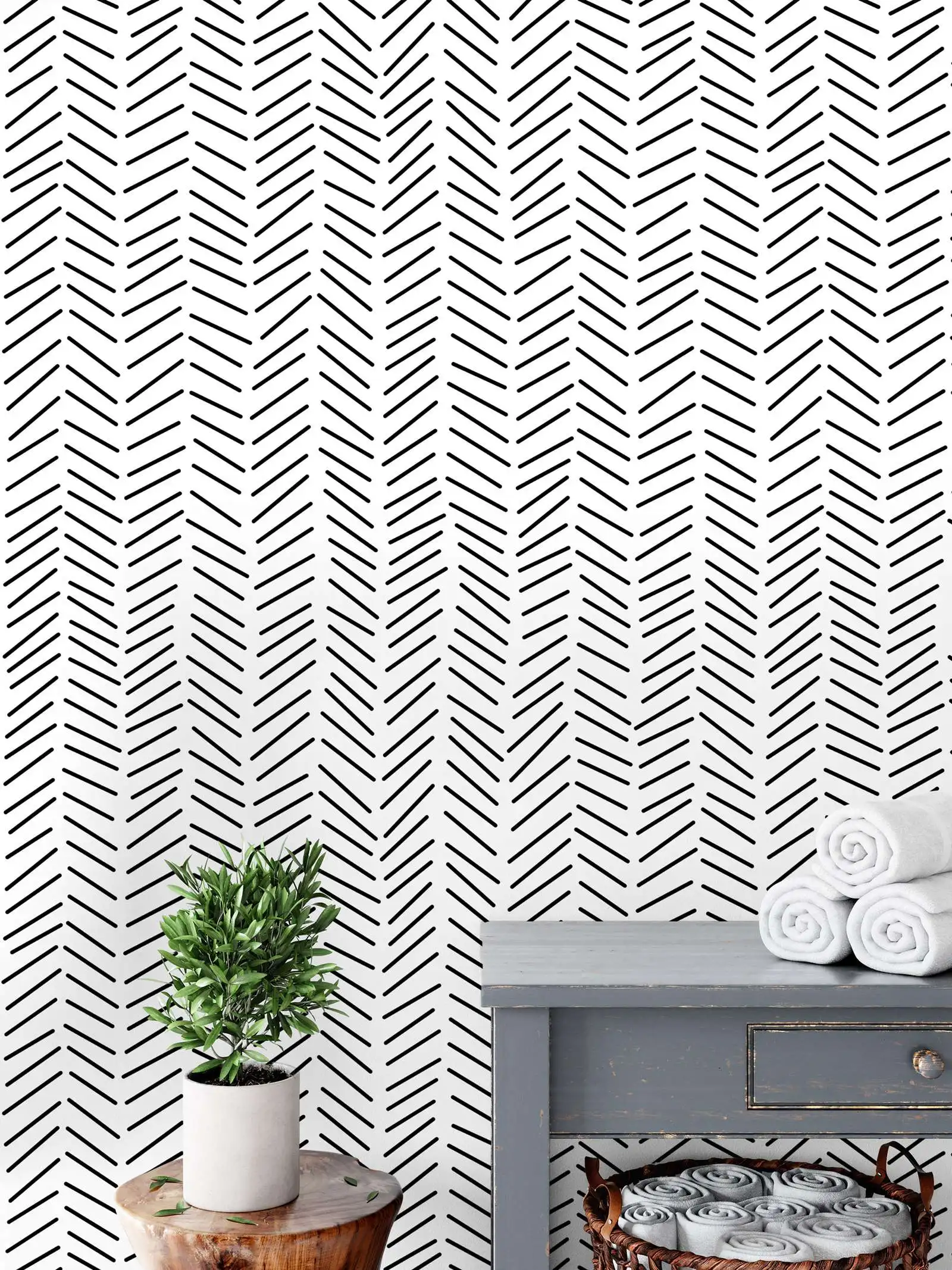 Chevron Black and White Line Wallpaper, Scandinavian Stylish Geometric Lines Wall Paper, Minimalist Herringbone Stripe Walpaper