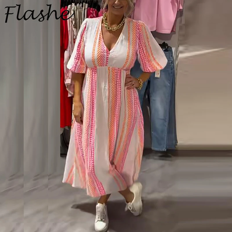 

Summer Maxi Dresses For Women V Neck Striped Printed Beach Holiday Dress Women A-line Party Long Dress Plus Size