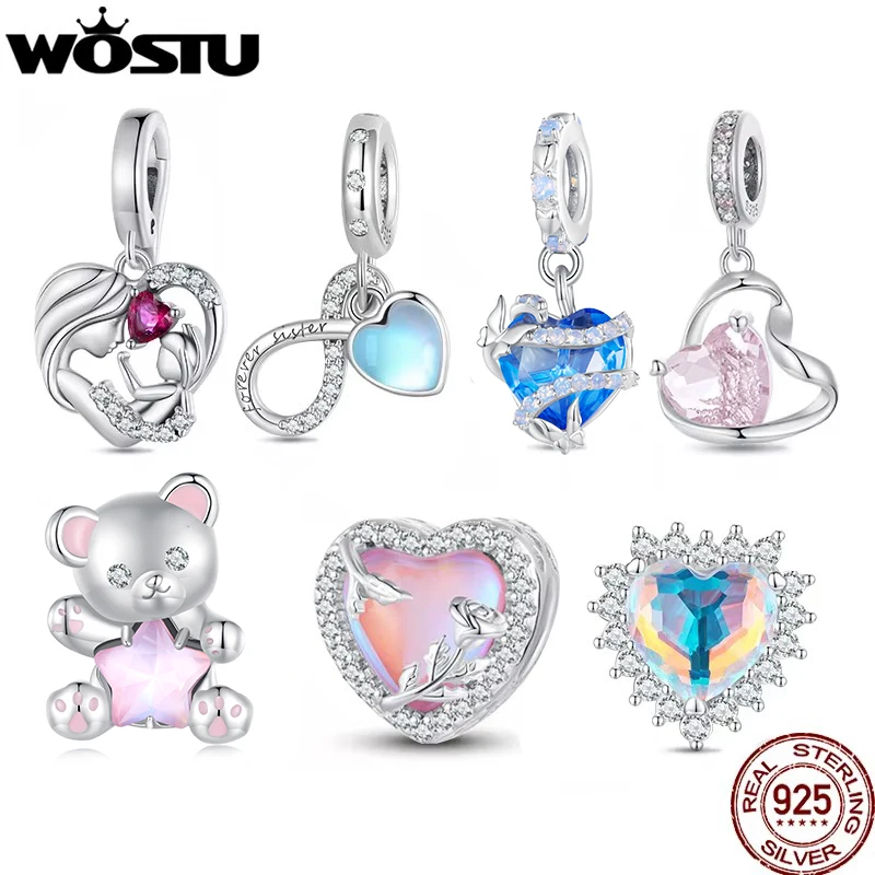 WOSTU 925 Sterling Silver Love Pink Heart Charms Rainbow Moonstone Bead Flower Pendant Fit DIY Bracelet Necklace Jewelry Making