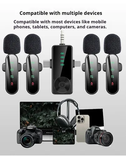 Imagen 2 del producto Micrófono Lavalier rosa 1 en 4 con cancelación de ruido inalámbrico con micrófono de solapa con manguito de viento para cámara iPhone Android paquete de 4 pantallas LED