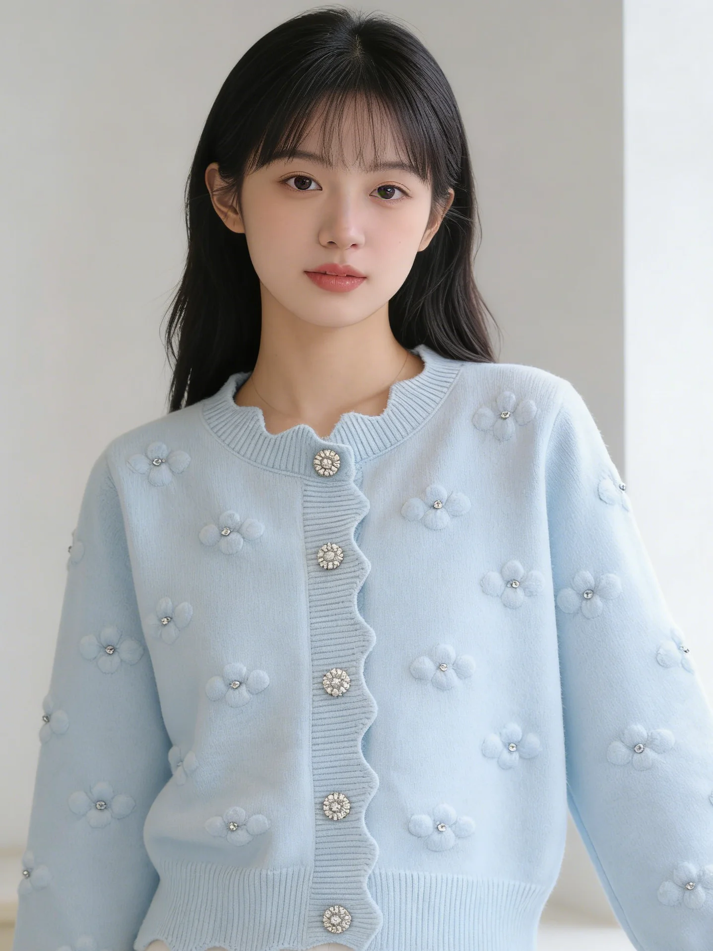 

Осенний новый однотонный свитер с бисером и маленькими цветами, повседневный вязаный кардиган для женщин