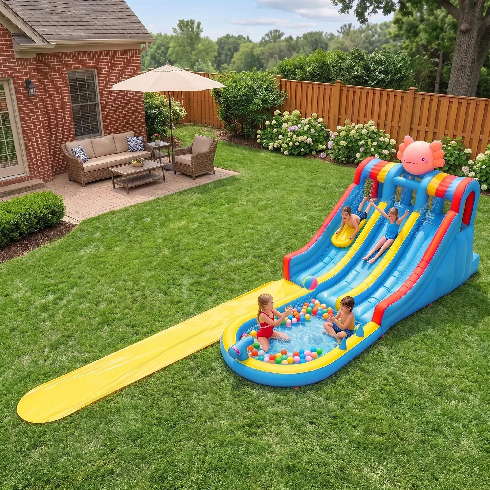 27FT Inflatable Water Slide Bounce House for Kids 3-10, 8 in 1 Dual Slides Water Park Bouncy Castle with 610W Blower, Jump House for Outdoor Backyard Birthday Holiday Party, Axolotl Theme