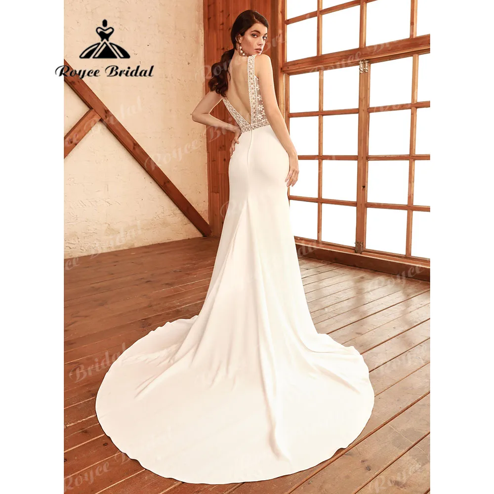 Noiva-vestido de novia de satén suave para mujer, corpiño de encaje bohemio de sirena, vestido de novia sin espalda con cuello en V, 2024