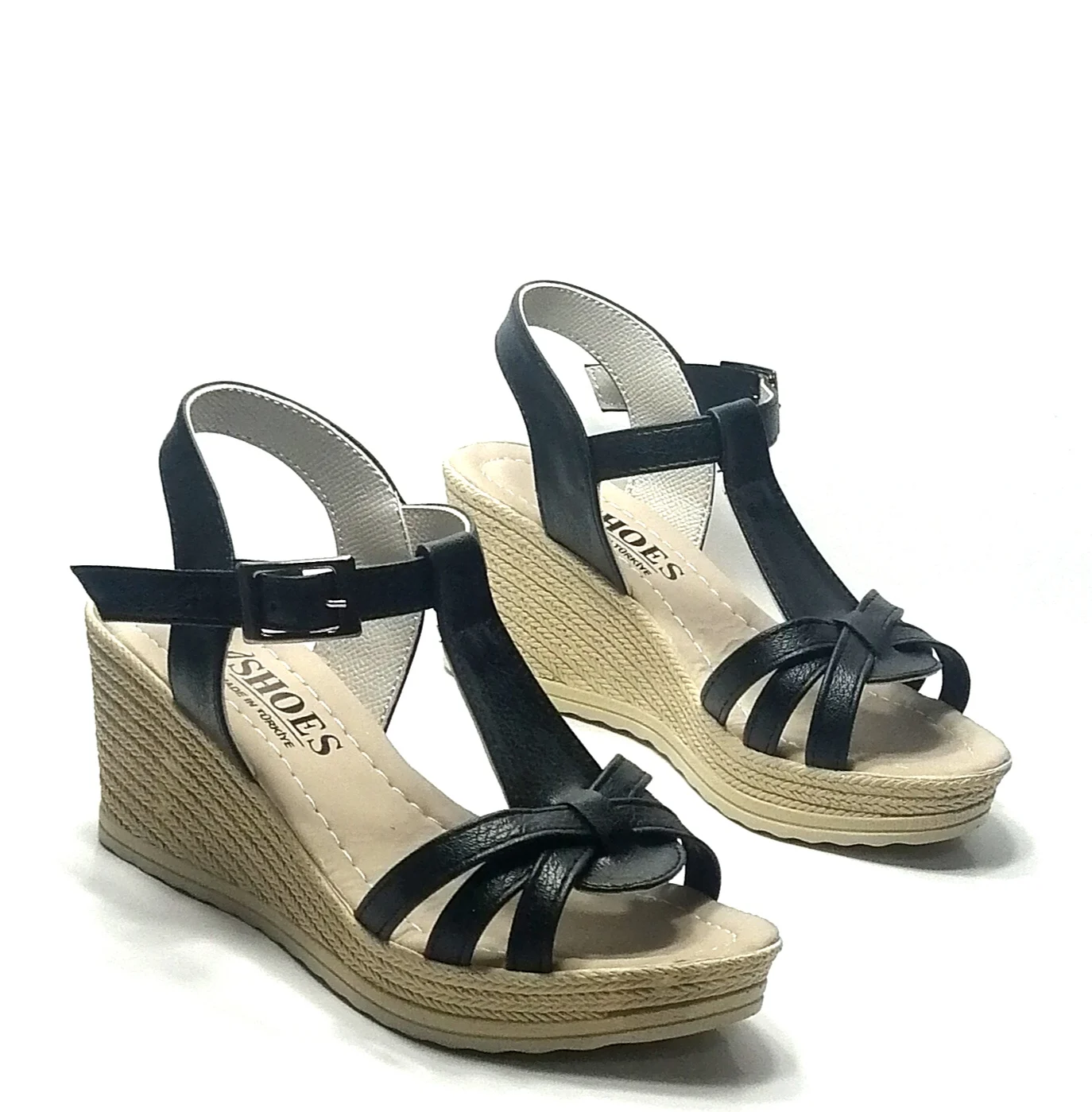 WOMEN'S BLACK SUMMER SANDALS 7 CM HEELS WITH FILLED WITH SOLE AND 2 CM PLATFORM HEIGHT. LUXURY MODERN. WEDDING. OFFICE. TRAVEL