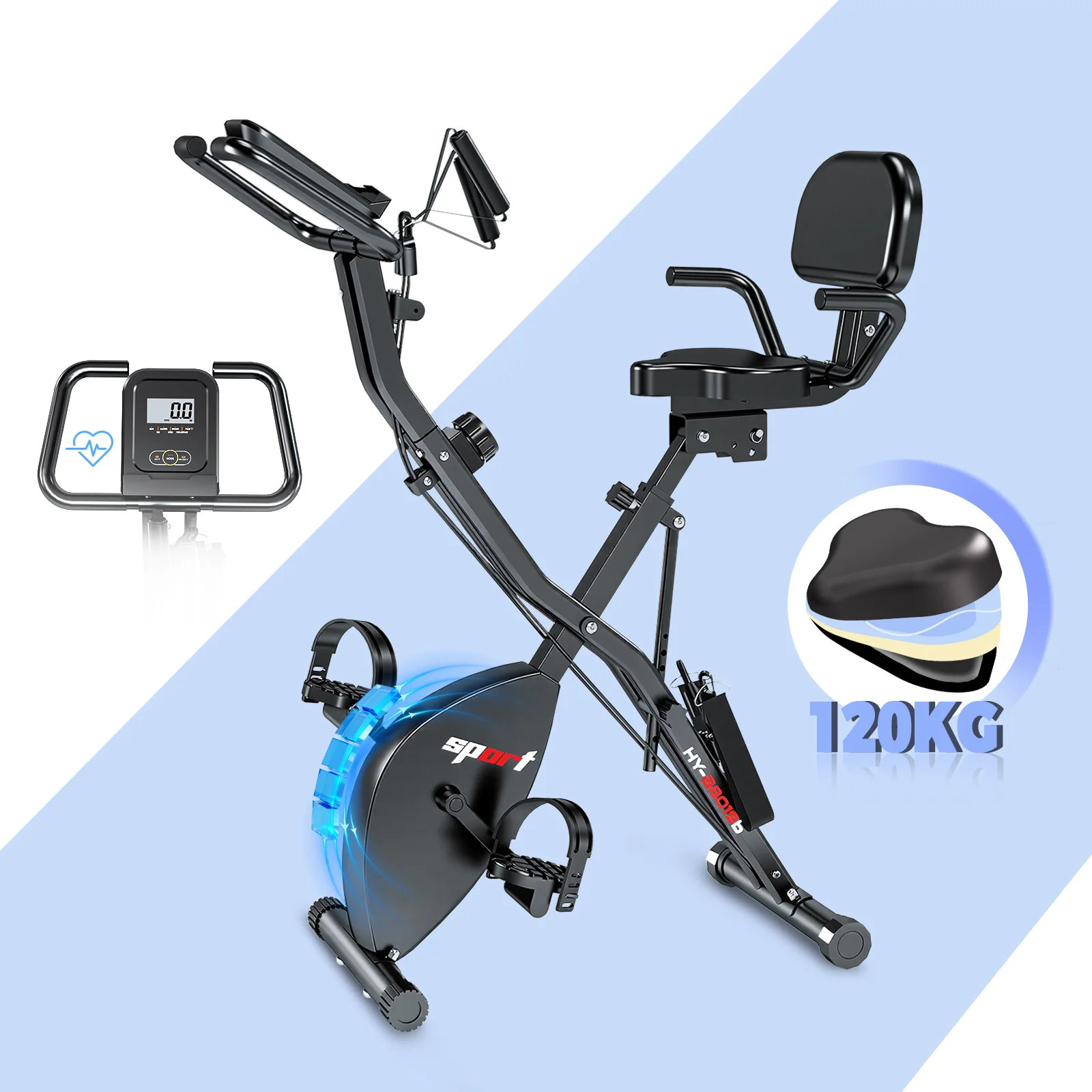 Vélo d'appartement pliable, 16 niveaux de résistance magnétique, capacité de charge maximale de 120 kg, écran LED, 5 modes, niveau sonore inférieur à 10 dB, réglage de la hauteur de la selle sur 8