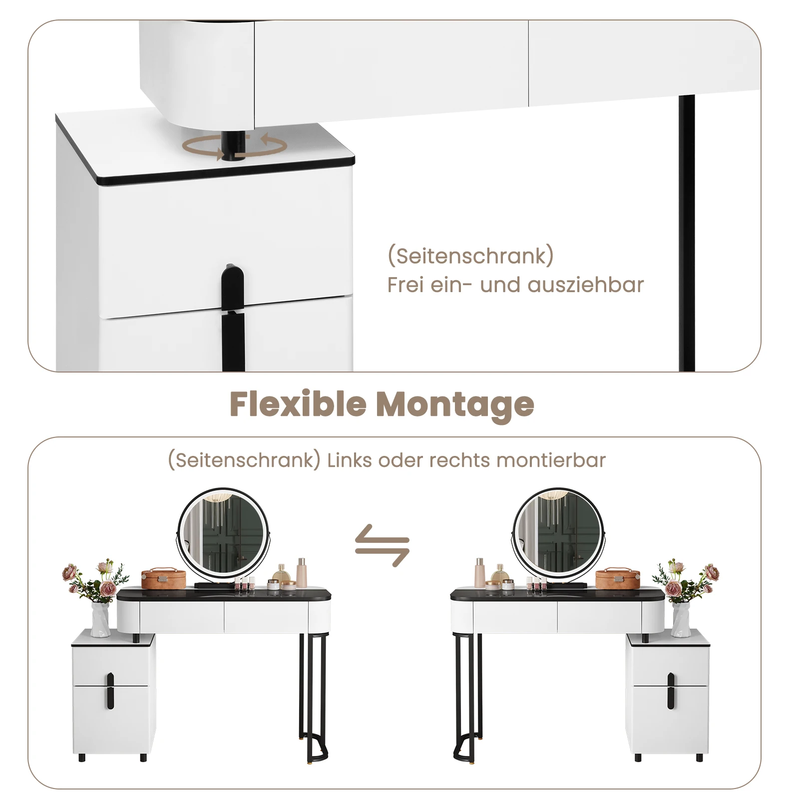طاولة تزيين حديثة من WOLTU مع إضاءة LED 3 ألوان للفتيات والنساء وأدراج طاولة مستحضرات التجميل 1 خزانة جانبية