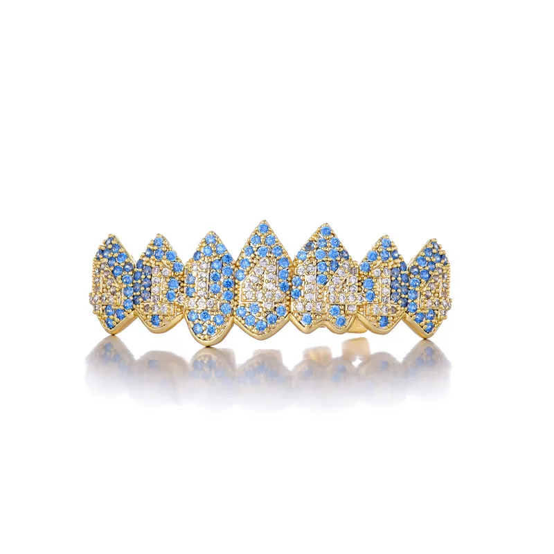 الهيب هوب الكامل تشيكوسلوفاكيا الأزرق الأحجار الأسنان جريلز قبعات مكعب الزركون مثلج خارج مايكرو تمهيد العلوي والسفلي Grills مجموعة للرجال النساء مجوهرات