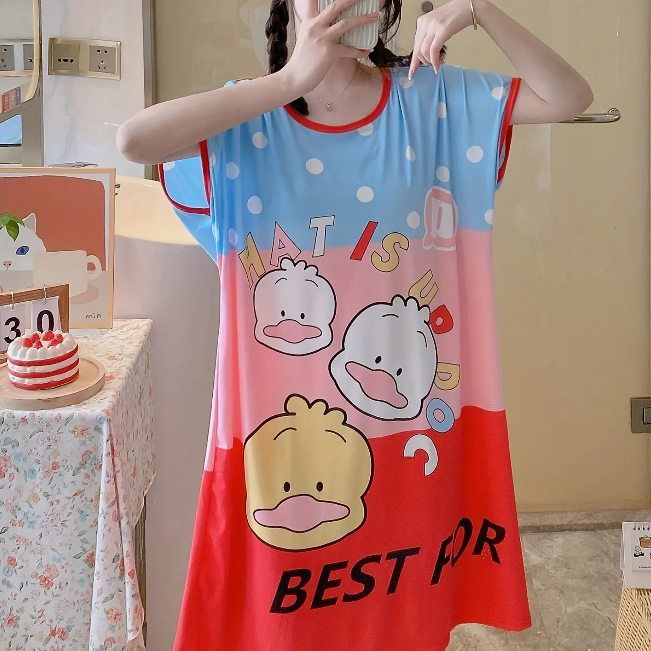 Cute Cartoon Slogan Printed Pajamas Short Sleeve Nightgown Girls Style Student Dress Plus Size Ladies Summer Knee Length Dresses