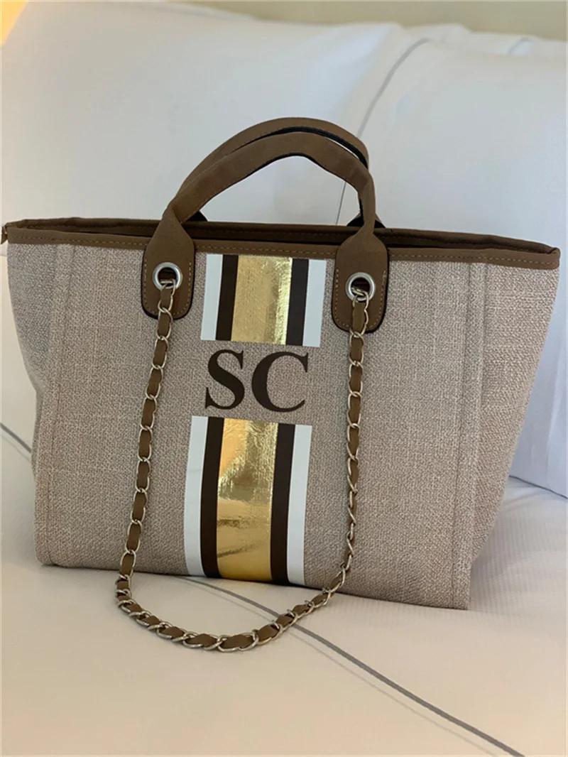 

Personalized Monogram Tote Bag Canvas Customised Beige Brown White Gold Chain Handbag Personalised Stripe Initials Beach Holiday