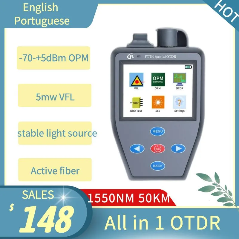 

FTTH Mini OTDR with Optical Power Meter Stable Light Source VFL Active Fiber OTDR Fibre Tester Portuguese 1550nm 50km Test dist