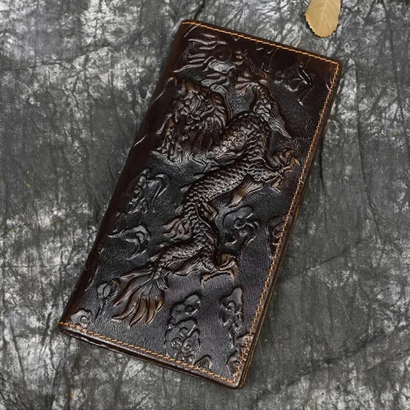 Męski portfel z prawdziwej skóry w stylu vintage smok brązowy portfel ze skóry bydlęcej długi, składany łańcuszek z kieszenią na telefon modna długa torebka — zdjęcie 2