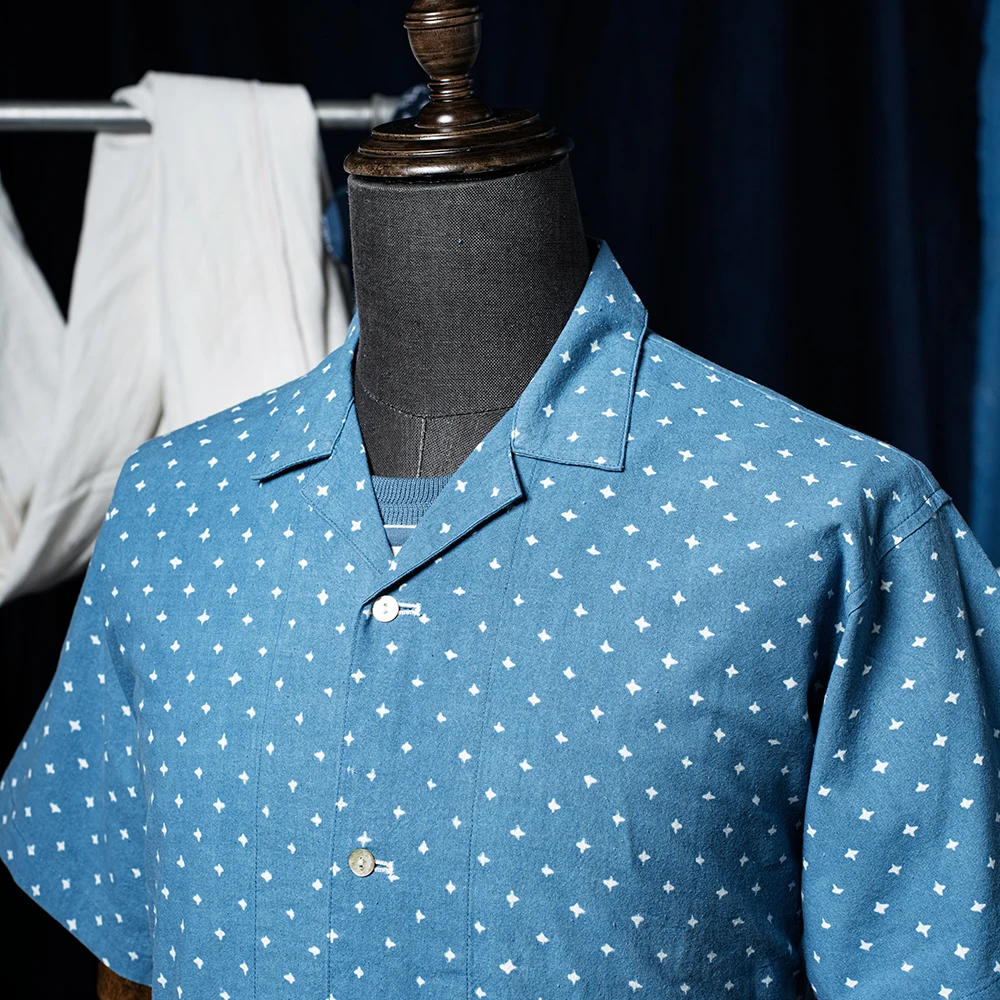 Vintage Indigo Print Shirt Men Summer New Blue Dyed Cuban Lapel Short Sleeve Single Breasted Shirt Cotton Casual Cardigan Tops