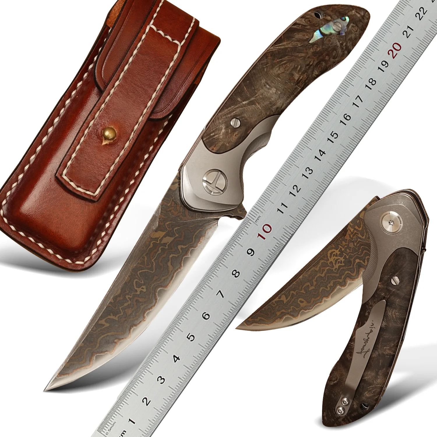 Spirit Deed Copper Damascus Steel Folding Knife, VG10 Core EDC, TC4 Titanium Handle, Stabilized Wood, Leather Sheath