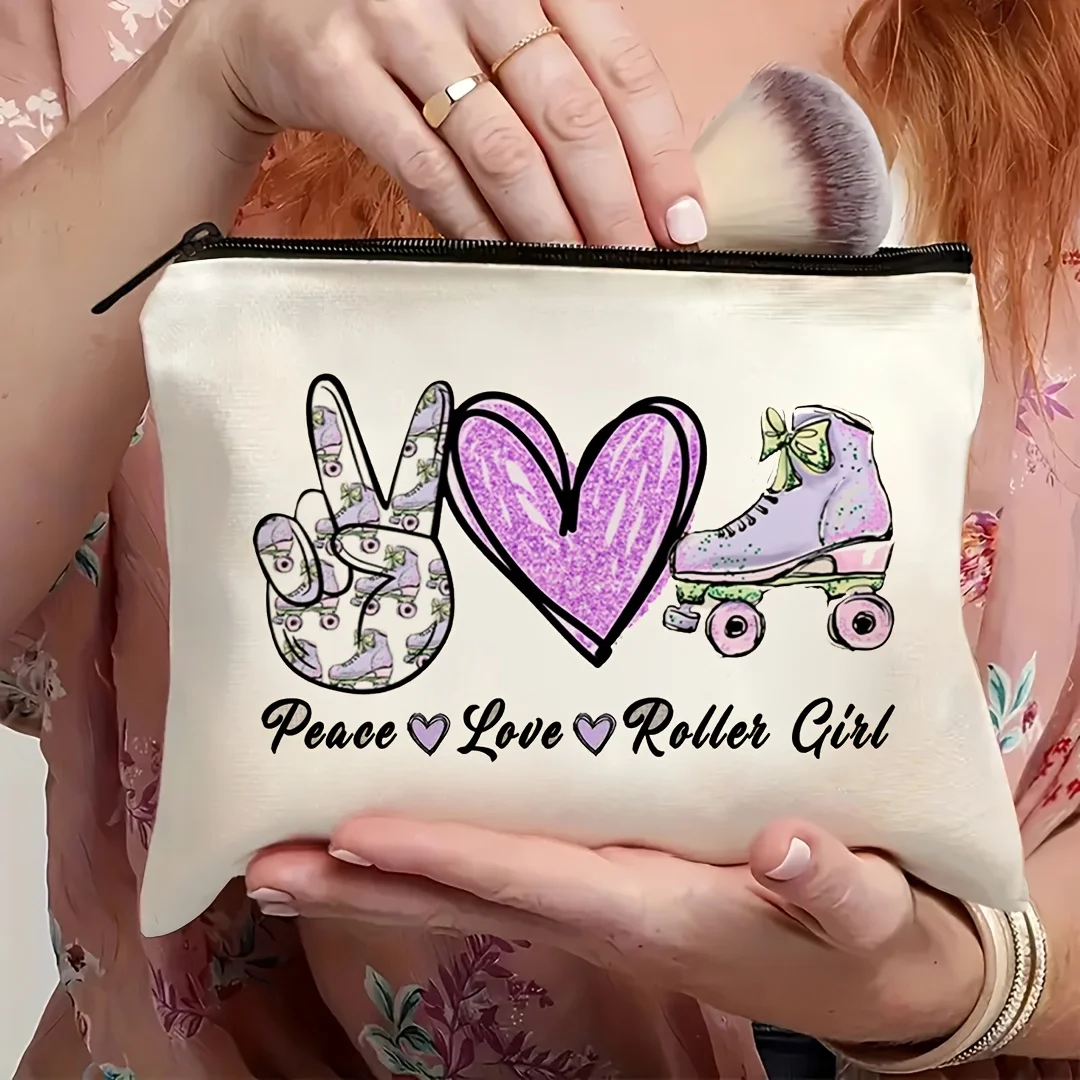 1Pc Peace, Love & Roller Skating Girl Retro Design Multifunctional Travel Makeup Bag, Snack Storage Bag, Stationery Storage Bag, Fashion Toiletry Bag, Canvas Double-Sided Printed Zipper Pouch view 2