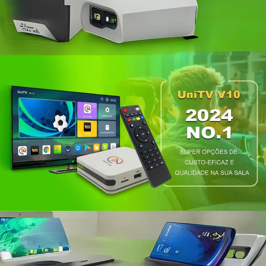 Aparelho UniTV V10 conectado a uma televisão exibindo interface com ícones de esportes e aplicativos