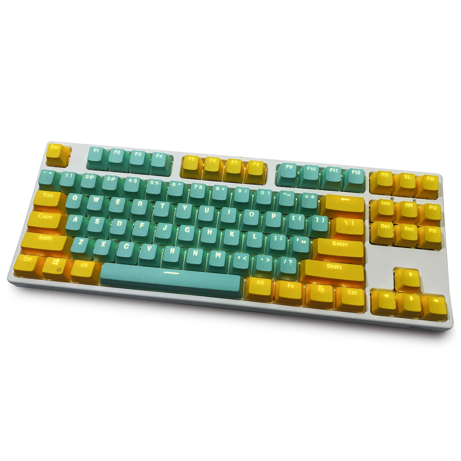 Teclas de Teclado mecánico de altura OEM, color amarillo Cian, 87 teclas, Material PBT, caracteres retroiluminados dobles, teclas de juego transparentes