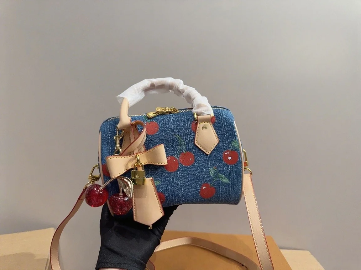

2025 New and Fashionable Embroidered Cherry Denim Handbag Bow Zipper Pillow Bag ZXM013